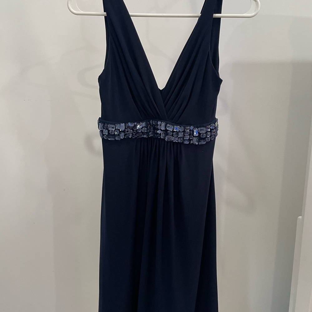 Elegant Navy Dress with Embellished Waist
